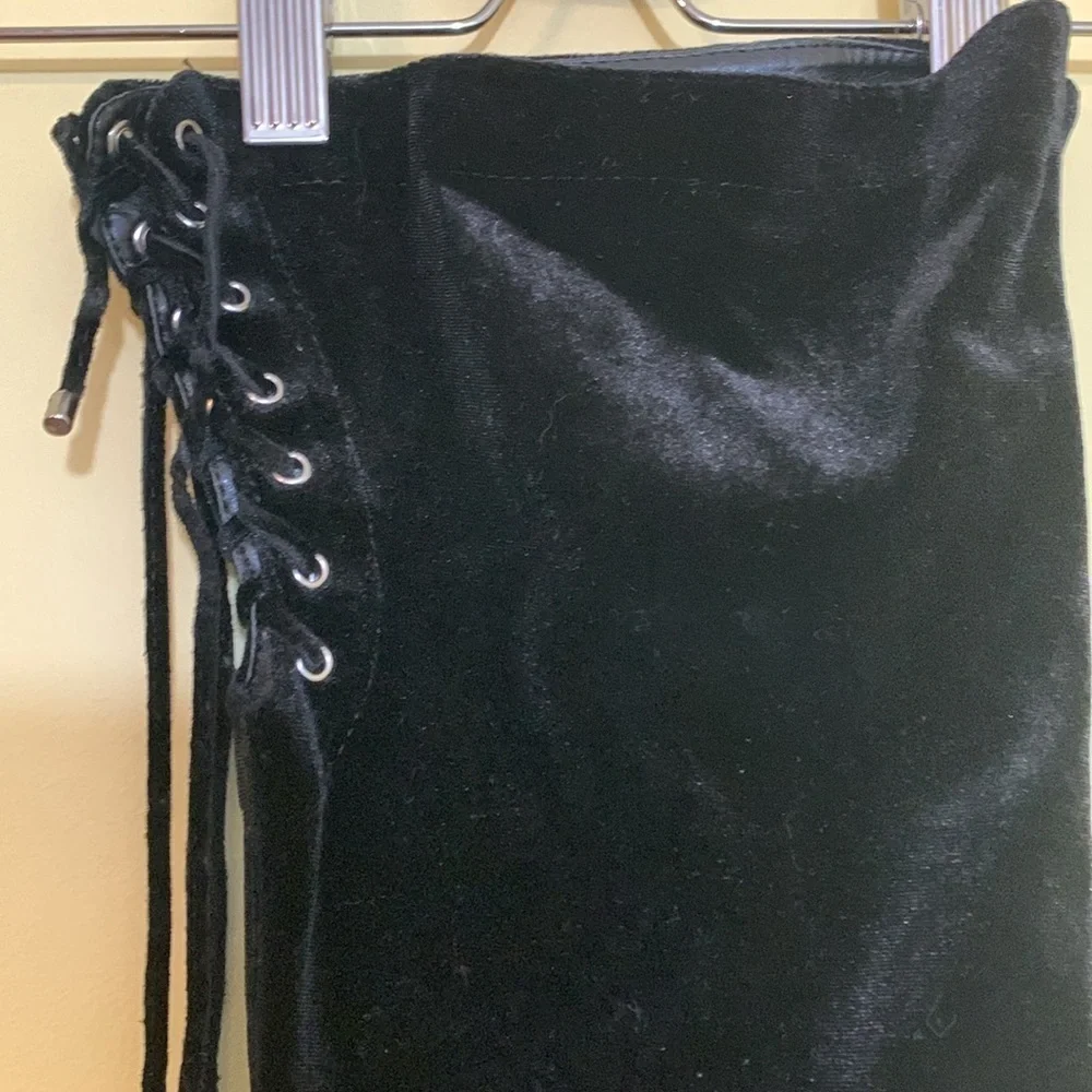 JustFab Thigh High Black Leona Lace Up Zipper Velvet Heeled Boots 5.5 US / 36 EU